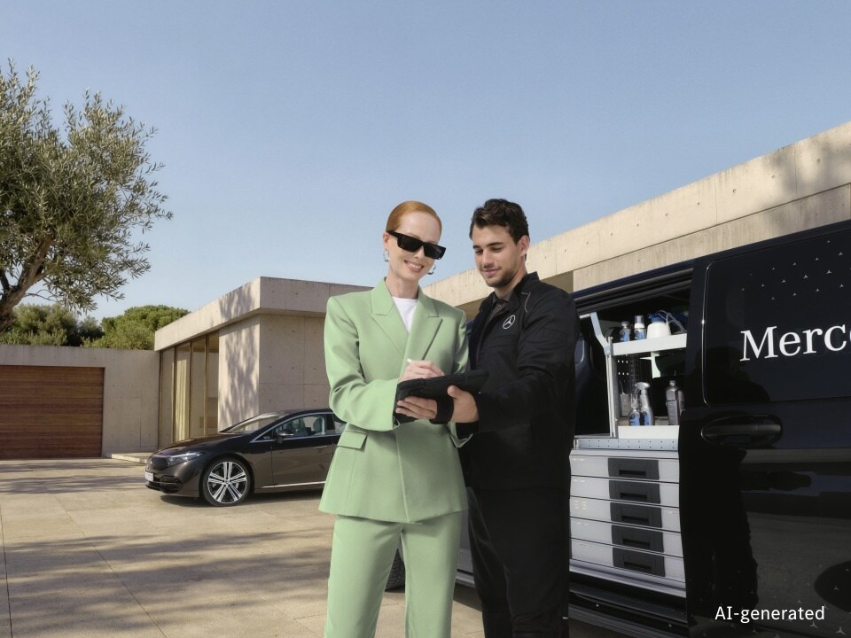 Servizio assistenza mobile Mercedes-Benz - check-up motore Un tecnico del servizio assistenza mobile Mercedes-Benz esamina documenti digitali con un cliente accanto a un veicolo commerciale del sistema di assistenza mobile completamente attrezzato, con un veicolo Mercedes-Benz parcheggiato sullo sfondo fuori da un'abitazione moderna.